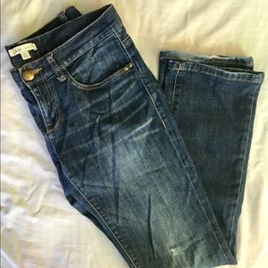 CAbi Distressed Med Dark Wash Straight Leg  Size 6